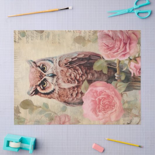 ヴィンテージフクロウとピンクのバラのデコページ 薄葉紙 (クラフト)