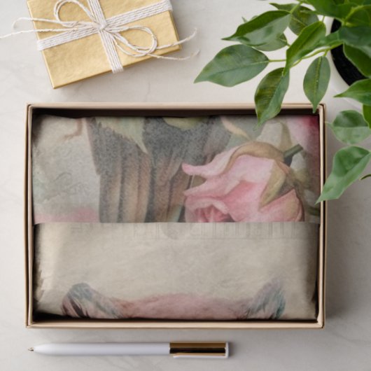 ヴィンテージフクロウとピンクのバラのデコページ 薄葉紙 (ギフト)