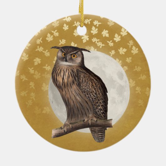 ヴィンテージフクロウとムーンが金ゴールドに輝く葉光 セラミックオーナメント (裏面)