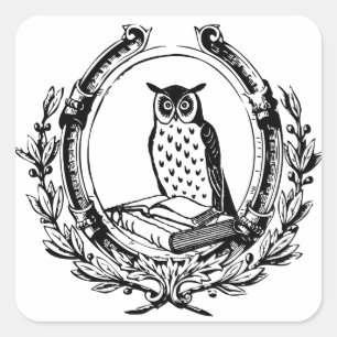 ヴィンテージフクロウと本の蔵書票 スクエアシール
