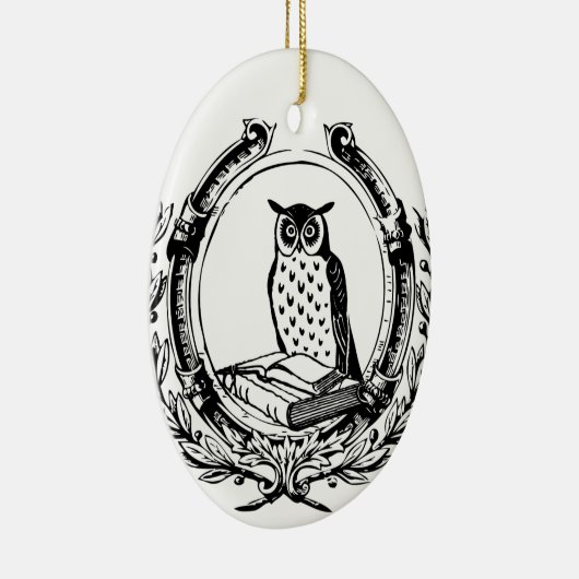 ヴィンテージフクロウと本の蔵書票 セラミックオーナメント (右)