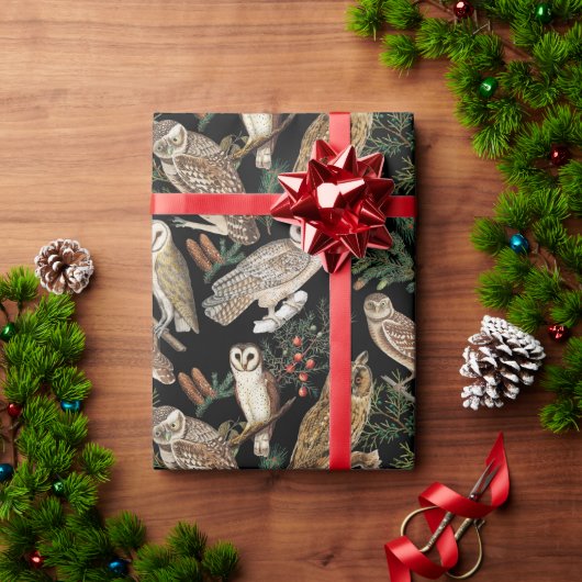 ヴィンテージフクロウと松 ラッピングペーパー (クリスマスギフト)