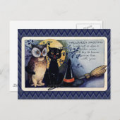ヴィンテージフクロウと猫のハロウィーンの挨拶 ポストカード (正面/裏面)
