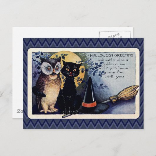 ヴィンテージフクロウと猫のハロウィーンの挨拶 ポストカード (正面/裏面)