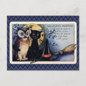 ヴィンテージフクロウと猫のハロウィーンの挨拶 ポストカード (正面)