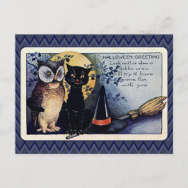 ヴィンテージフクロウと猫のハロウィーンの挨拶 ポストカード