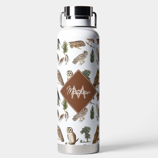 ヴィンテージフクロウの森の模様モノグラム ウォーターボトル (背面)