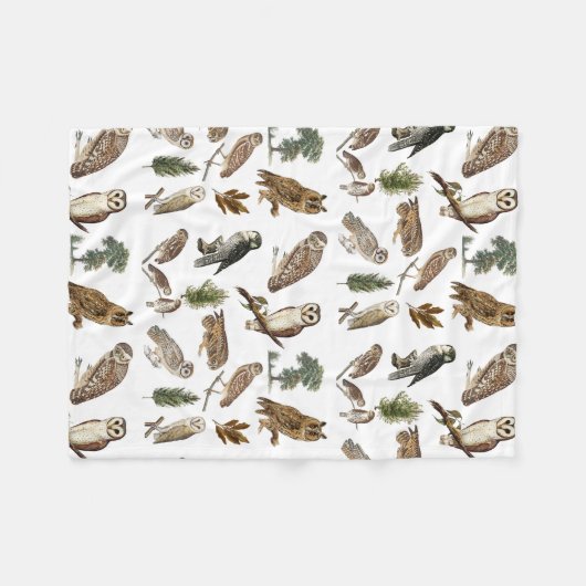 ヴィンテージフクロウの水彩林の模様 フリースブランケット (正面(横))