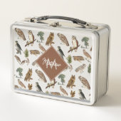 ヴィンテージフクロウの水彩林模様モノグラム メタルランチボックス (正面)