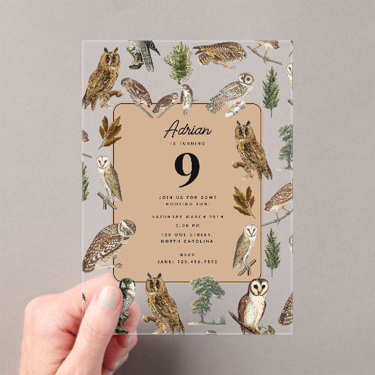 ヴィンテージフクロウの水彩森の鳥の誕生日パーティー アクリル招待状 (インサイチュ (ポータブル))