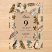 ヴィンテージフクロウの水彩森の鳥の誕生日パーティー アクリル招待状 (正面)