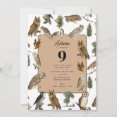 ヴィンテージフクロウの水彩森の鳥の誕生日パーティー 招待状 (正面)