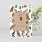 ヴィンテージフクロウの水彩森の鳥の誕生日パーティー 招待状 (スタンド正面)