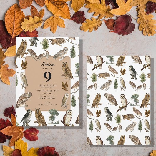 ヴィンテージフクロウの水彩森の鳥の誕生日パーティー 招待状