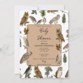 ヴィンテージフクロウの水色の森の鳥赤ちゃんシャワー 招待状 (正面)