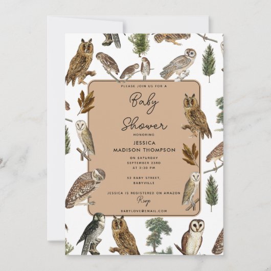 ヴィンテージフクロウの水色の森の鳥赤ちゃんシャワー 招待状 (正面)