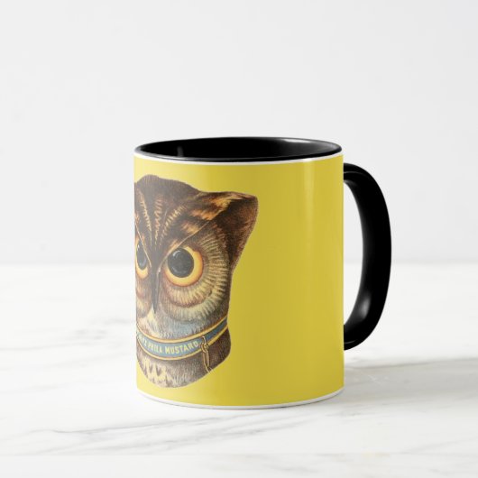 ヴィンテージフクロウイラストレーションマスタード広告 マグカップ (正面右)
