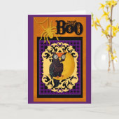 ヴィンテージフクロウハロウィンカード。ブー、紫、オレンジ カード (黄色い花)