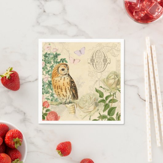 ヴィンテージフクロウフローラ紙ナプキンと美しいバラ スタンダードカクテルナプキン (インサイチュ)
