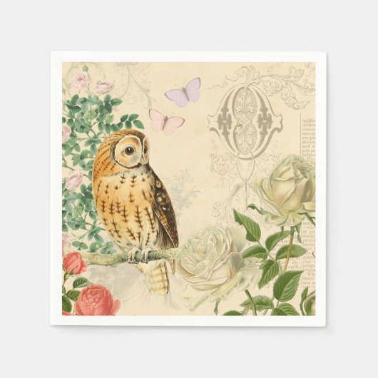 ヴィンテージフクロウフローラ紙ナプキンと美しいバラ スタンダードカクテルナプキン (正面)