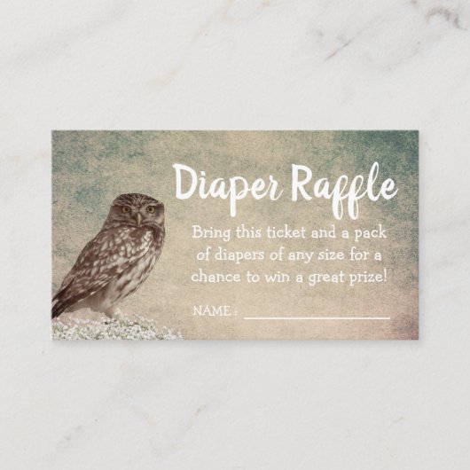 ヴィンテージフクロウ赤ちゃんシャワーおむつラッフルチケット エンクロージャーカード (正面)