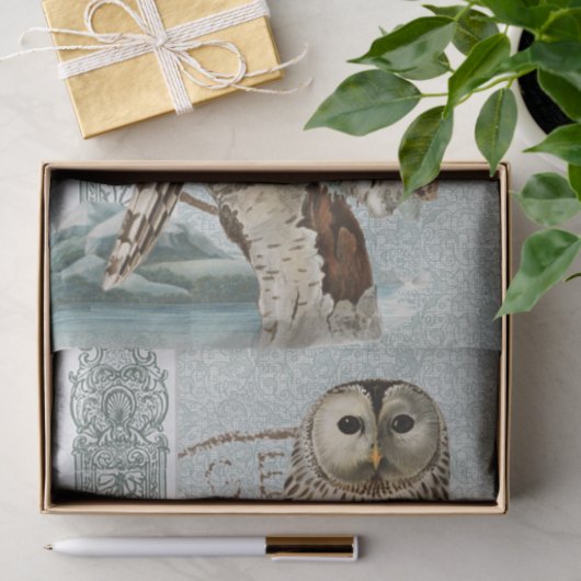 ヴィンテージフクロウ鳥のティール(緑がかった色)切り離しフランスの消印 薄葉紙 (ギフト)