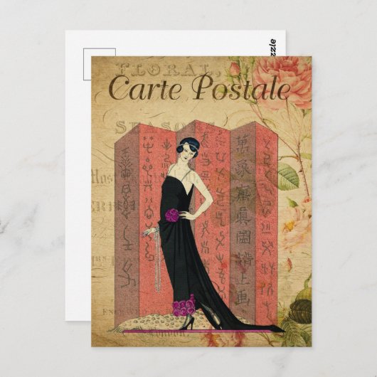 ヴィンテージフラッパー女性の黒いドレスのフローラ ポストカード (正面/裏面)