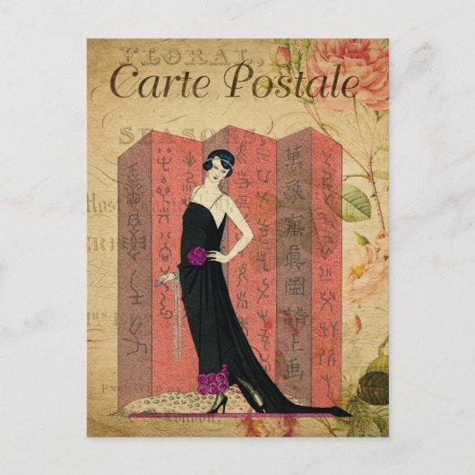 ヴィンテージフラッパー女性の黒いドレスのフローラ ポストカード (正面)