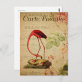 ヴィンテージフラミンゴピンクローズフローラ ポストカード (正面/裏面)