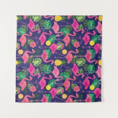 ヴィンテージフラミンゴ夏の要素パターン タペストリー (正面(横))