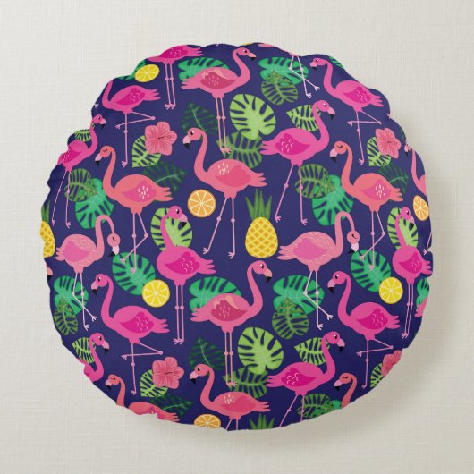 ヴィンテージフラミンゴ夏の要素パターン ラウンドクッション (正面)