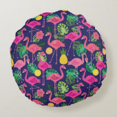 ヴィンテージフラミンゴ夏の要素パターン ラウンドクッション (裏面)