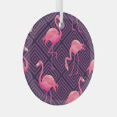 ヴィンテージフラミンゴ、紫の幾何学的な背景。 ガラスオーナメント (正面右)