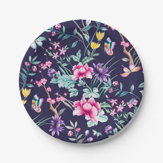 ヴィンテージフラワーガーデンレインボーバタフライブルー ペーパープレート (正面)