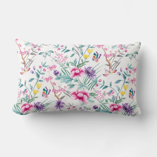 ヴィンテージフラワーガーデンレインボーバタフライホワイト ランバークッション (正面)
