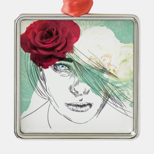 ヴィンテージフラワーガールイラストレーション メタルオーナメント (正面)