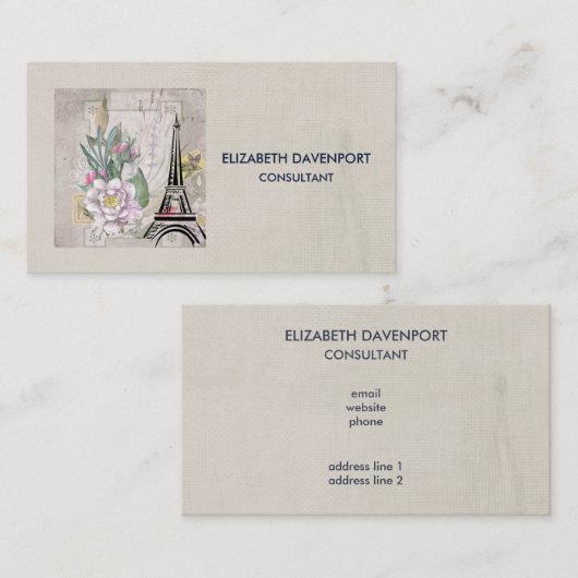 ヴィンテージフラワーコラージュとエッフェルタワースケッチ 名刺 (正面/裏面)