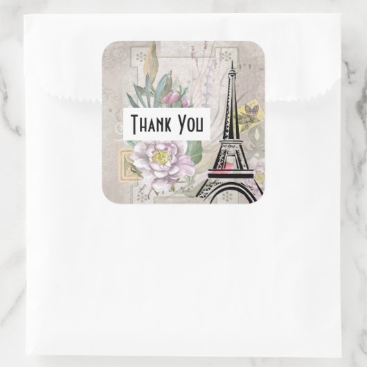 ヴィンテージフラワーコラージュ&エッフェルタワーありがとう スクエアシール (バッグ)
