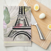 ヴィンテージフラワーコラージュ&エッフェルタワーイラストレーション キッチンタオル (四つ折り)