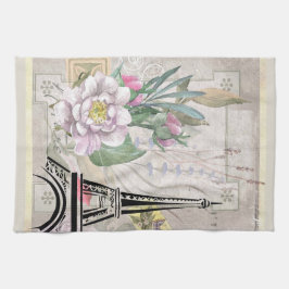 ヴィンテージフラワーコラージュ&エッフェルタワーイラストレーション キッチンタオル