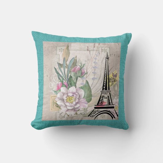ヴィンテージフラワーコラージュ&エッフェルタワーイラストレーション クッション (正面)