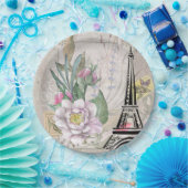 ヴィンテージフラワーコラージュ&エッフェルタワーイラストレーション ペーパープレート (パーティー)
