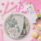 ヴィンテージフラワーコラージュ&エッフェルタワーイラストレーション ペーパープレート (パーティー)