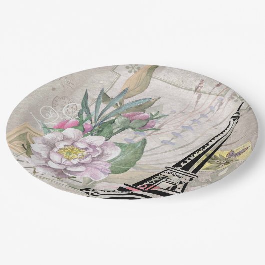 ヴィンテージフラワーコラージュ&エッフェルタワーイラストレーション ペーパープレート (アングル)