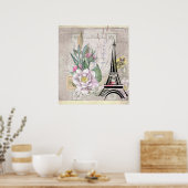ヴィンテージフラワーコラージュ&エッフェルタワーイラストレーション ポスター (キッチン)