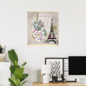 ヴィンテージフラワーコラージュ&エッフェルタワーイラストレーション ポスター (ホームオフィス)