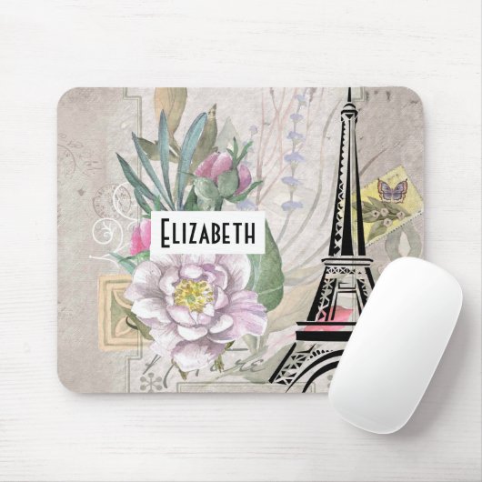 ヴィンテージフラワーコラージュ&エッフェルタワーイラストレーション マウスパッド (マウス)