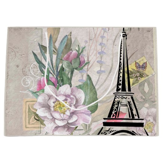 ヴィンテージフラワーコラージュ&エッフェルタワーイラストレーション ラージペーパーバッグ (正面)