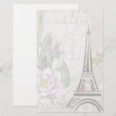 ヴィンテージフラワーコラージュ&エッフェルタワーイラストレーション 便箋 (正面/裏面)