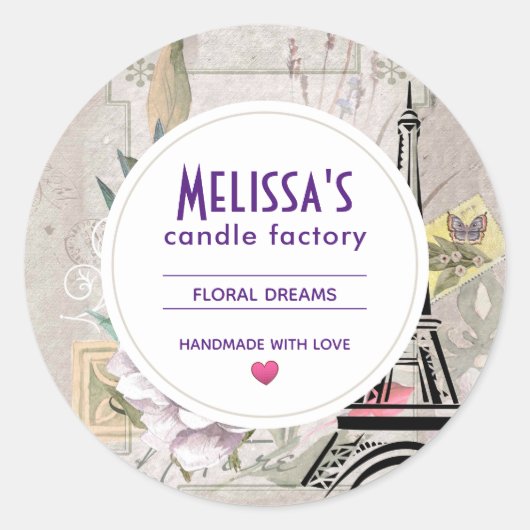 ヴィンテージフラワーコラージュ&エッフェルタワーキャンドルソープ ラウンドシール (正面)